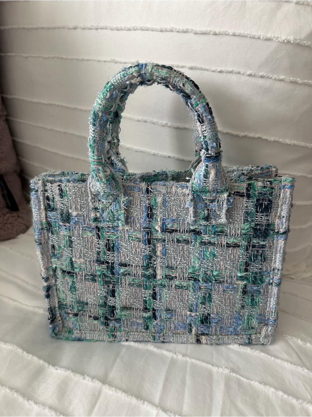 Textured Tweed Mini Tote Bag in Aqua Mix